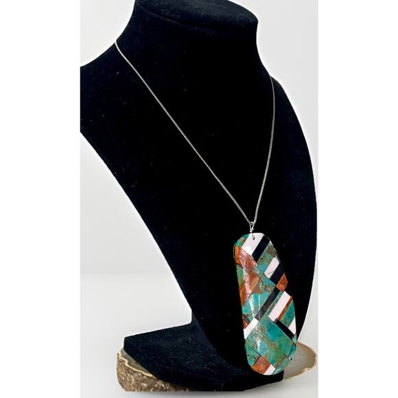 Native American Turquoise Coral Onyx Mosaic Inlay Pendant Sterling Necklace CSL